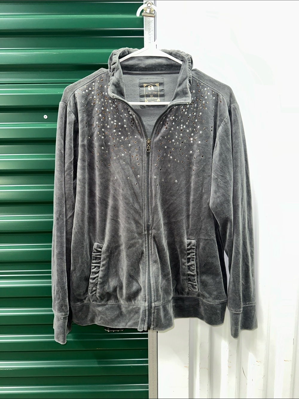 Activolgy brand Gray Velour Zip-Front Jacket with Stud Detail
